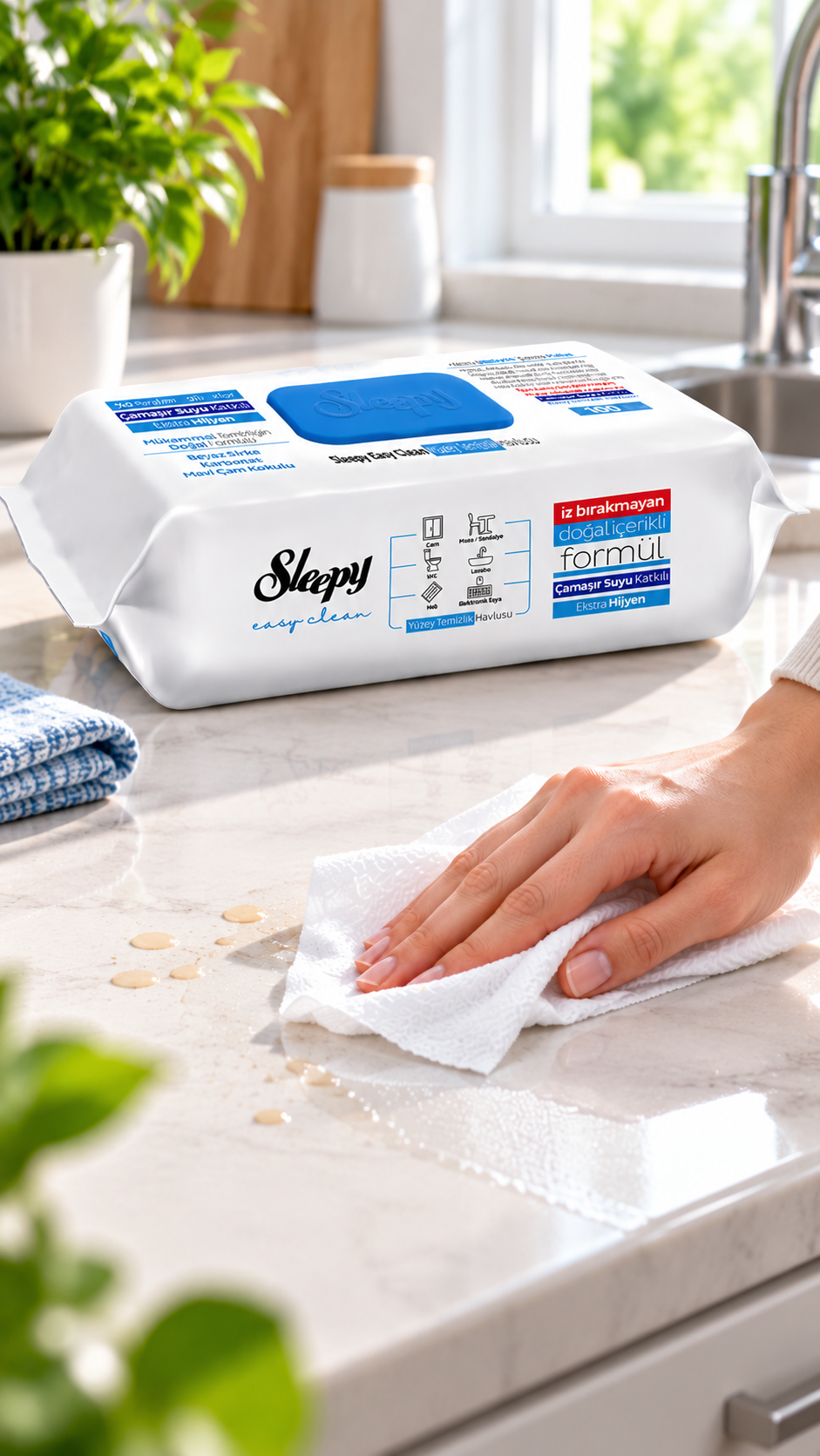 Sleepy Easy Clean servetėlės su balikliu ant virtuvės stalviršio