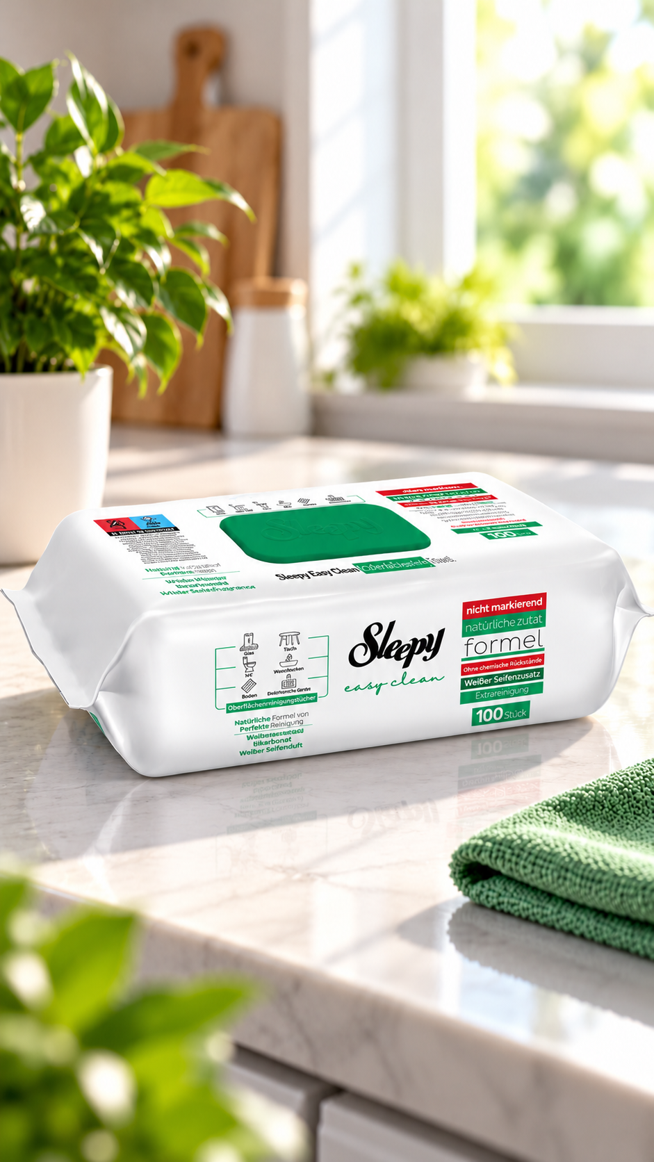Sleepy Easy Clean White Soap servetėlės šviesioje virtuvėje