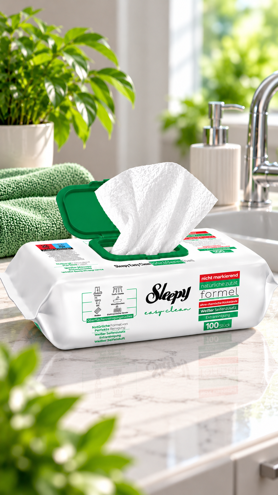 Sleepy Easy Clean White Soap servetėlės ant marmurinio stalviršio